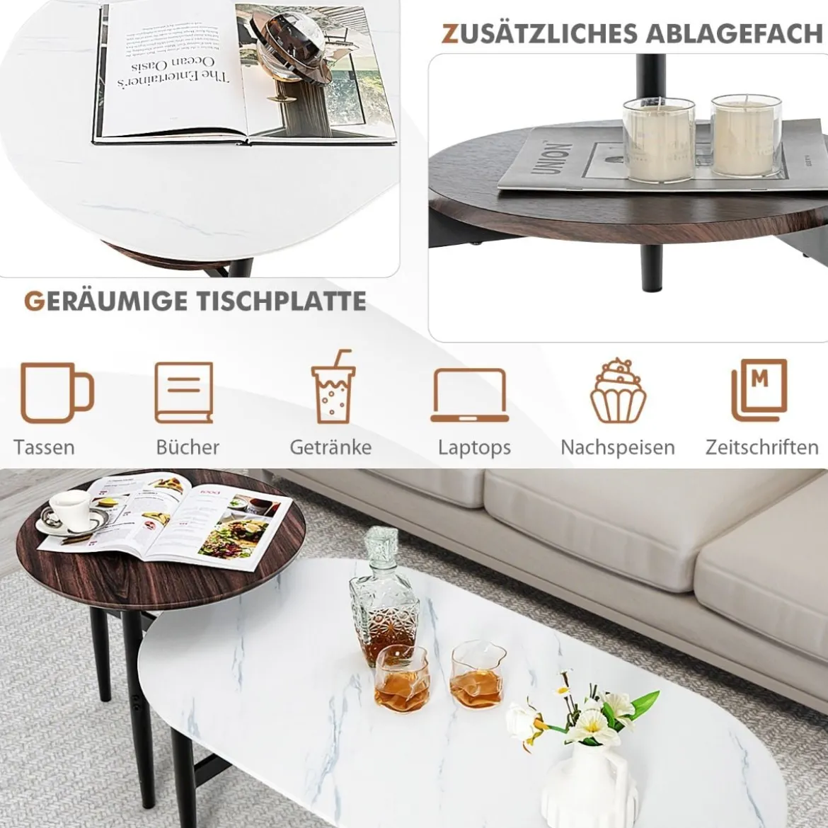 2er 2 Ebenen Satztisch Set - Couchtisch & Runder Beistelltisch Marmor Optik mit Rahmen
