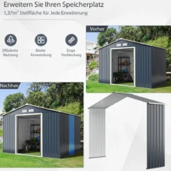 2er Gerätehaus Metall Erweitert + Geräteschuppen Set abschließbar Grau