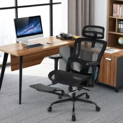 Ergonomischer Bürostuhl Computertischstuhl mit einziehbarer Fußstütze verstellbarer Lendenstütze & Armlehnen Schwarz
