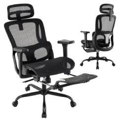 Ergonomischer Bürostuhl Computertischstuhl mit einziehbarer Fußstütze verstellbarer Lendenstütze & Armlehnen Schwarz