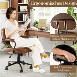 Ergonomischer Bürostuhl mit Armlehnen & Rollen Höhenverstellbarer Drehstuhl Computerstuhl Braun