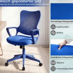 Ergonomischer Bürostuhl mit Atmungsaktive Mesh-Rückenlehne Höhenverstellbarer Drehstuhl Blau