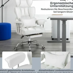 Ergonomischer Bürostuhl mit einziehbarer Fußstütze Chefsessel mit Verstellbarer hoher Rückenlehne Weiß