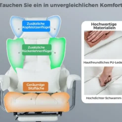 Ergonomischer Bürostuhl mit einziehbarer Fußstütze Chefsessel mit Verstellbarer hoher Rückenlehne Weiß