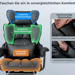 Ergonomischer Bürostuhl mit Einziehbarer Fußstütze & Verstellbarer Hoher Rückenlehne Schwarz