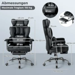 Ergonomischer Bürostuhl mit Einziehbarer Fußstütze & Verstellbarer Hoher Rückenlehne Schwarz