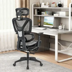 Ergonomischer Bürostuhl mit Einziehbarer Fußstütze & Verstellbarer Kopfstütze Computerstuhl