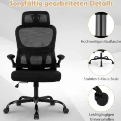 Ergonomischer Bürostuhl Schreibtischstuhl mit Lendenstütze Verstellbare Kopfstütze Schwarz
