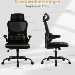 Ergonomischer Bürostuhl Schreibtischstuhl mit Lendenstütze Verstellbare Kopfstütze Schwarz