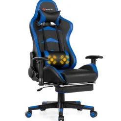 Ergonomischer Gaming Stuhl mit Einziehbarer Fußstütze & Verstellbarer Rückenlehne Blau