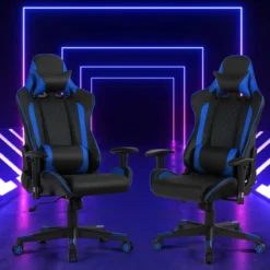 Ergonomischer Gaming Stuhl mit Hoher Rückenlehne & Kopfstütze & Lendenwirbelstütze Blau