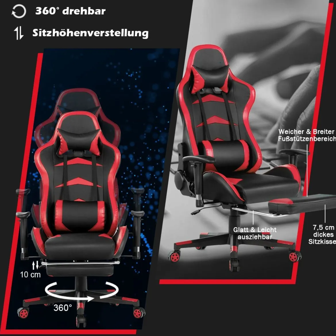 Ergonomischer Gaming Stuhl mit Einziehbarer Fußstütze & Verstellbarer Rückenlehne Rot