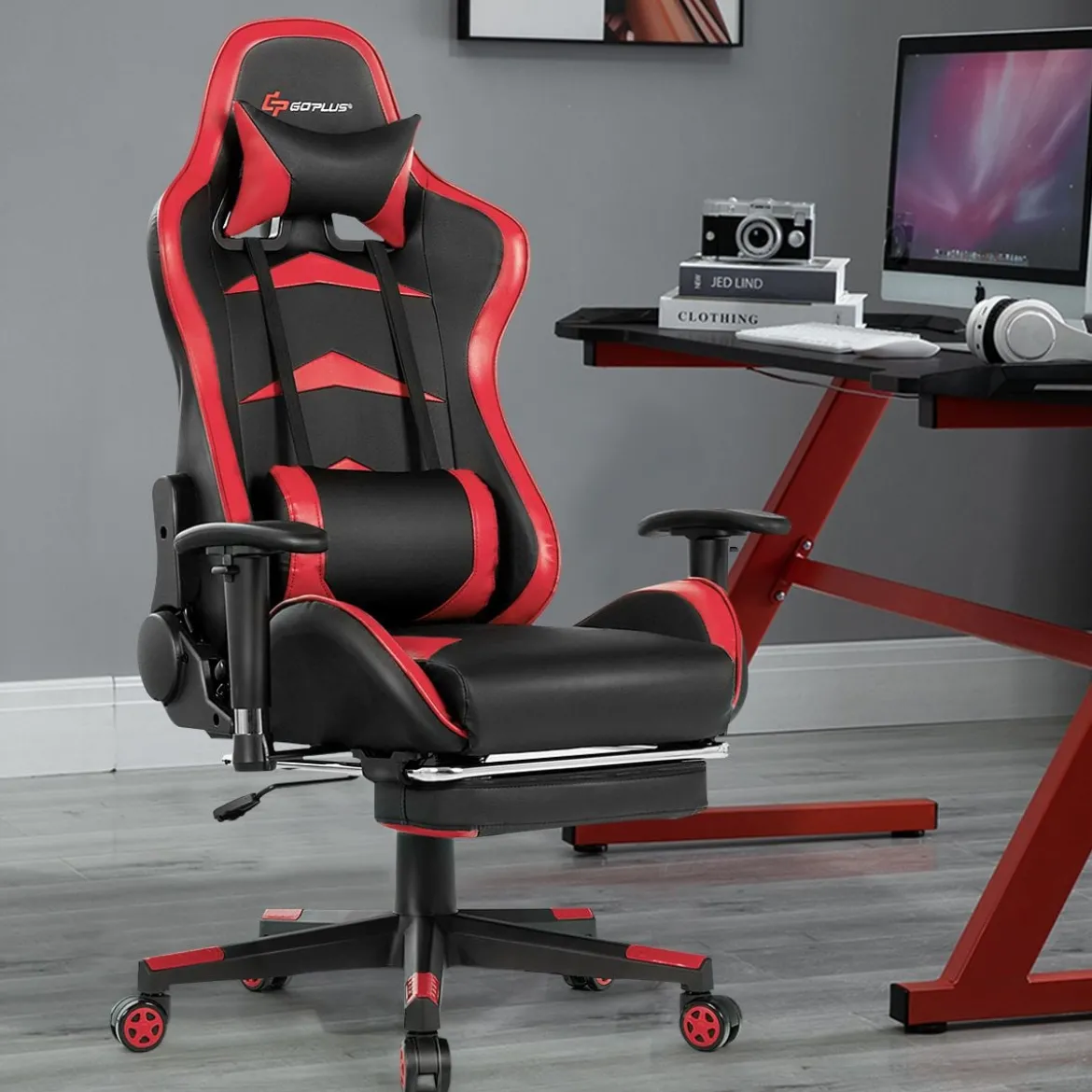 Ergonomischer Gaming Stuhl mit Einziehbarer Fußstütze & Verstellbarer Rückenlehne Rot