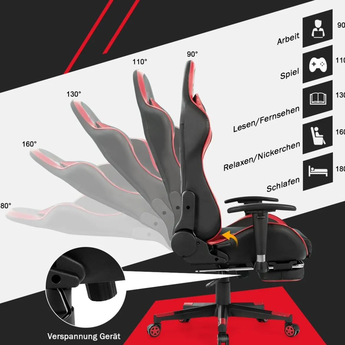 Ergonomischer Gaming Stuhl mit Einziehbarer Fußstütze & Verstellbarer Rückenlehne Rot