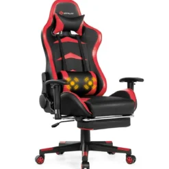 Ergonomischer Gaming Stuhl mit Einziehbarer Fußstütze & Verstellbarer Rückenlehne Rot