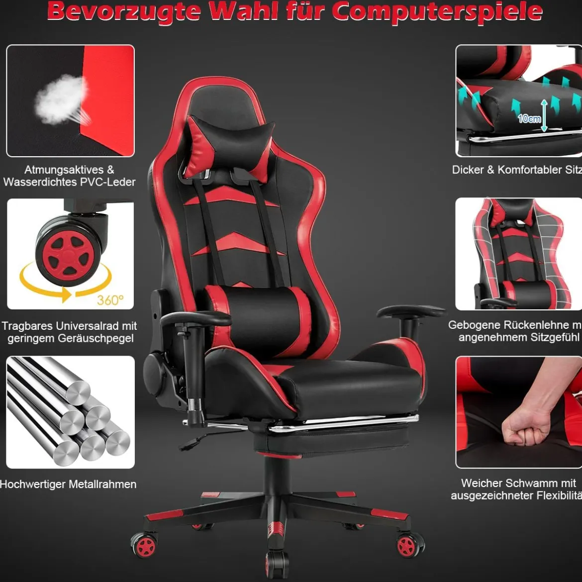 Ergonomischer Gaming Stuhl mit Einziehbarer Fußstütze & Verstellbarer Rückenlehne Rot