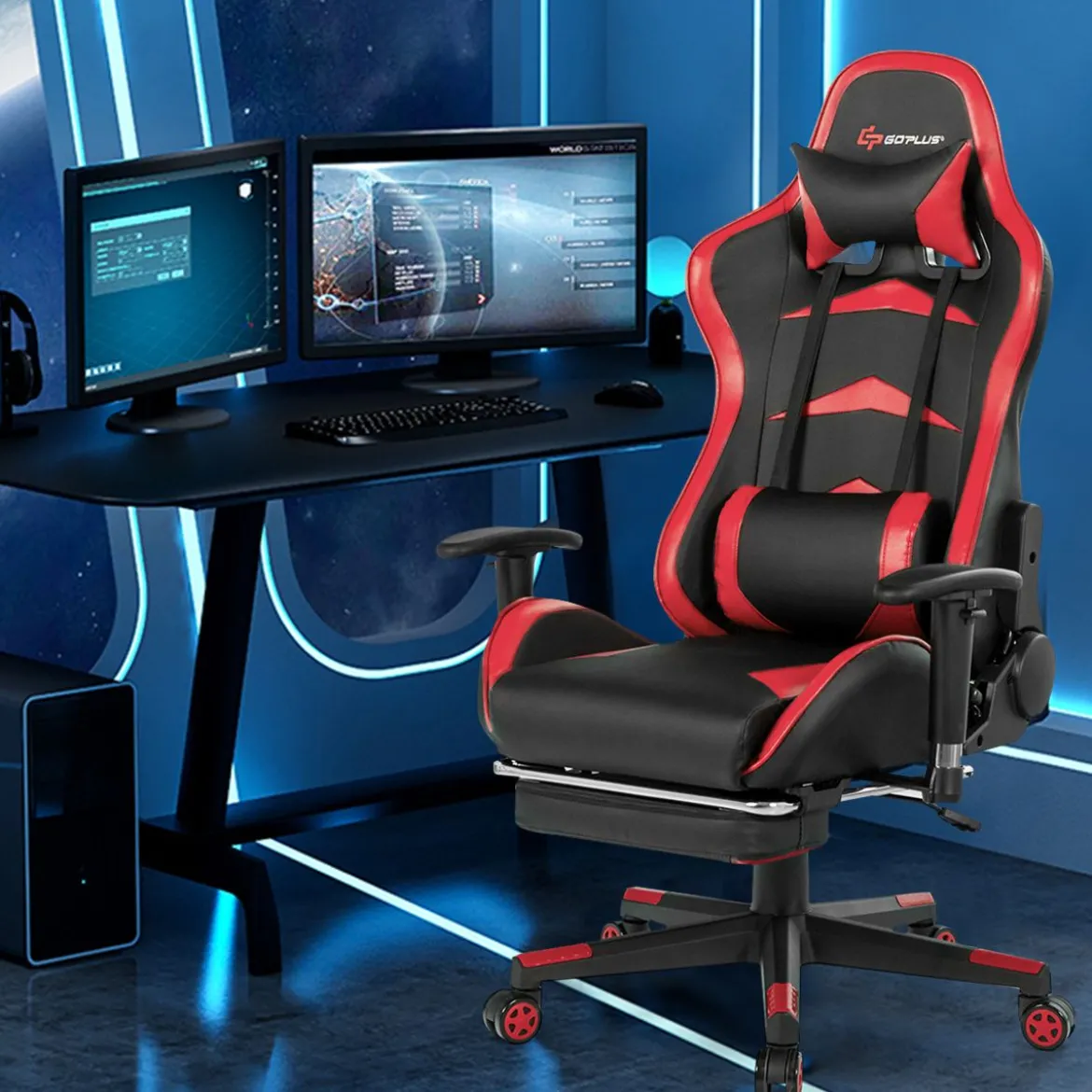 Ergonomischer Gaming Stuhl mit Einziehbarer Fußstütze & Verstellbarer Rückenlehne Rot