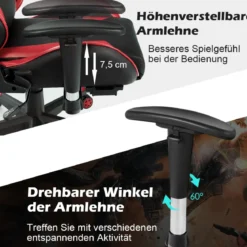 Ergonomischer Gaming Stuhl mit Einziehbarer Fußstütze & Verstellbarer Rückenlehne Rot
