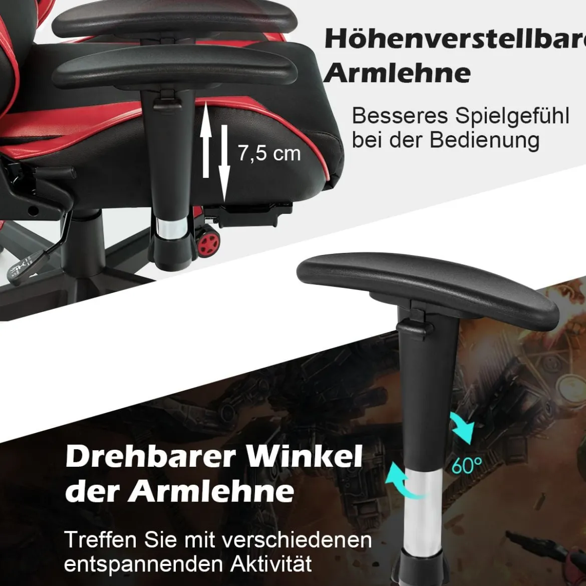 Ergonomischer Gaming Stuhl mit Einziehbarer Fußstütze & Verstellbarer Rückenlehne Rot