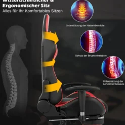Ergonomischer Gaming Stuhl mit Einziehbarer Fußstütze & Verstellbarer Rückenlehne Rot