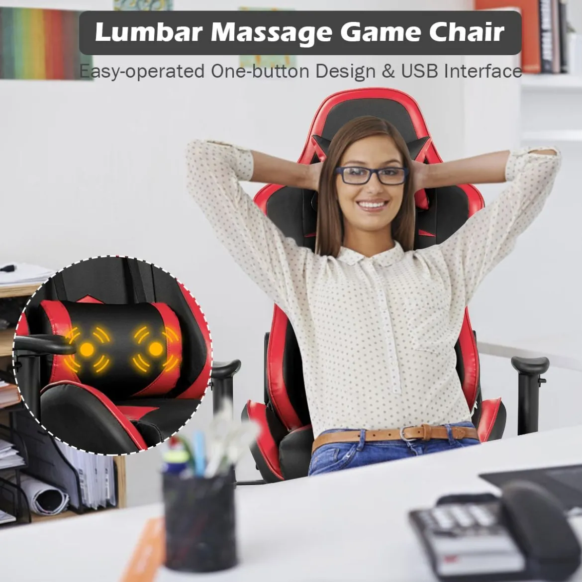 Ergonomischer Gaming Stuhl mit Einziehbarer Fußstütze & Verstellbarer Rückenlehne Rot