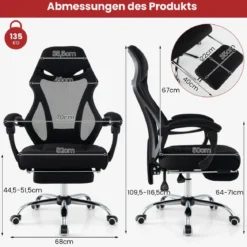 Ergonomischer Mesh-Bürostuhl mit Fußstütze & Höhenverstellbarer Neigbarer Rückenlehne Chefsessel