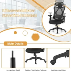Ergonomischer Verstellbarer Drehstuhl Chefsessel mit Hoher Rückenlehne Schwarz
