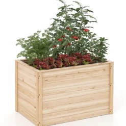 Erhöhtes Hochbeet Holz Gartenbeet tief Pflanzkasten mit offenem Boden 100 x 64 x 65,5 cm Natur