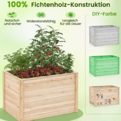 Erhöhtes Hochbeet Holz Gartenbeet tief Pflanzkasten mit offenem Boden 100 x 64 x 65,5 cm Natur