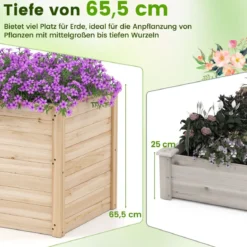 Erhöhtes Hochbeet Holz Gartenbeet tief Pflanzkasten mit offenem Boden 100 x 64 x 65,5 cm Natur