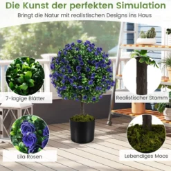 2er Kunstpflanze mit Blättern & Rosenblüten in Lila Buchsbaum mit Topf Kunstbaum 55cm