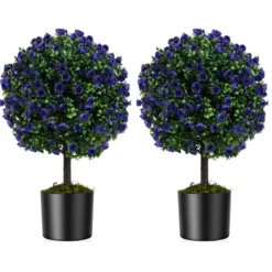 2er Kunstpflanze mit Blättern & Rosenblüten in Lila Buchsbaum mit Topf Kunstbaum 55cm