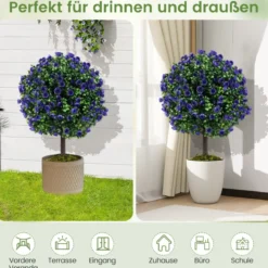 2er Kunstpflanze mit Blättern & Rosenblüten in Lila Buchsbaum mit Topf Kunstbaum 55cm