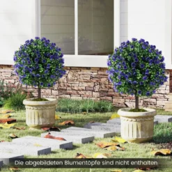 2er Kunstpflanze mit Blättern & Rosenblüten in Lila Buchsbaum mit Topf Kunstbaum 55cm