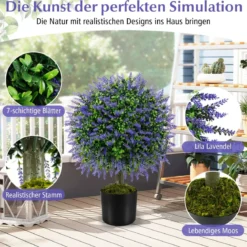 2er Kunstpflanze mit Lavendelbäume in Lila & Blättern Buchsbaum Kunstbaum mit Topf 58cm