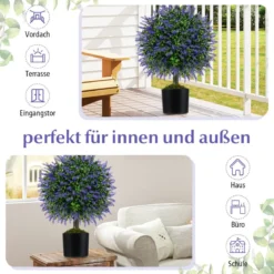 2er Kunstpflanze mit Lavendelbäume in Lila & Blättern Buchsbaum Kunstbaum mit Topf 58cm