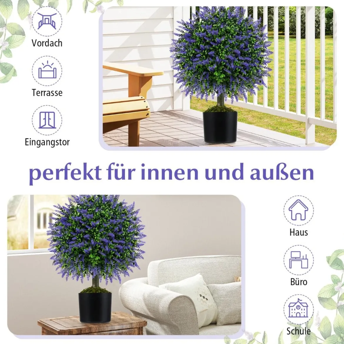 2er Kunstpflanze mit Lavendelbäume in Lila & Blättern Buchsbaum Kunstbaum mit Topf 58cm