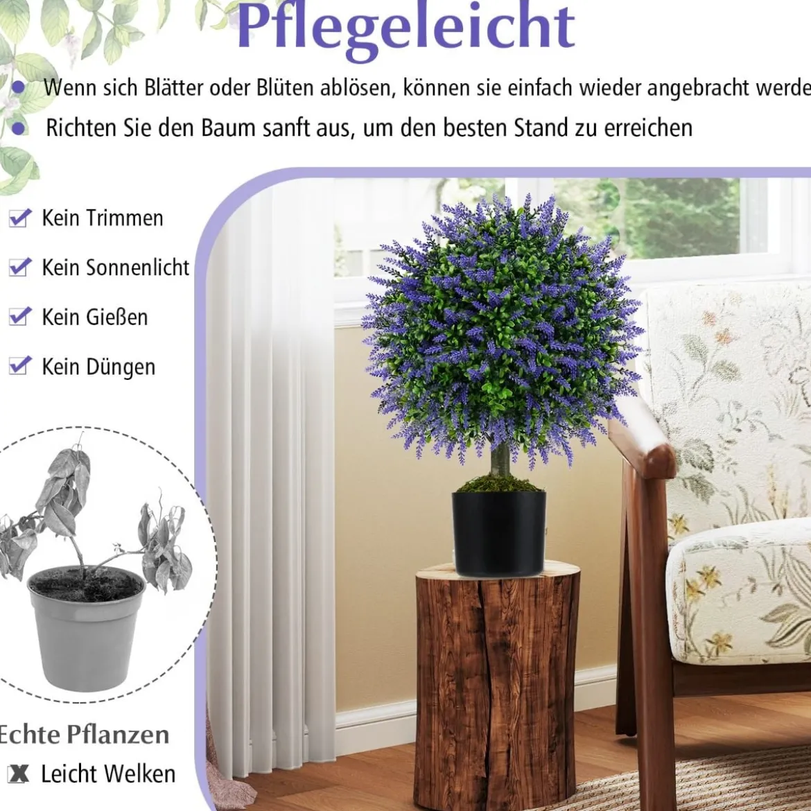 2er Kunstpflanze mit Lavendelbäume in Lila & Blättern Buchsbaum Kunstbaum mit Topf 58cm