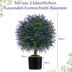 2er Kunstpflanze mit Lavendelbäume in Lila & Blättern Buchsbaum Kunstbaum mit Topf 58cm