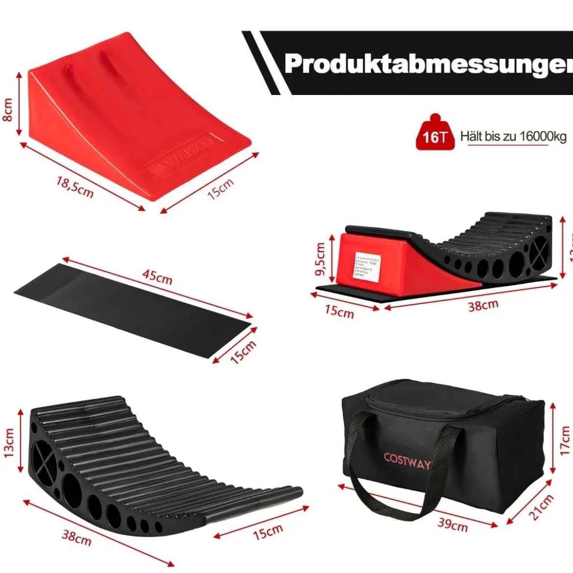 2er Pack Auffahrkeile mit 2 Bremskeile & Tragetasche & 2 Rutschfesten Matten bis 16T Stufenkeile