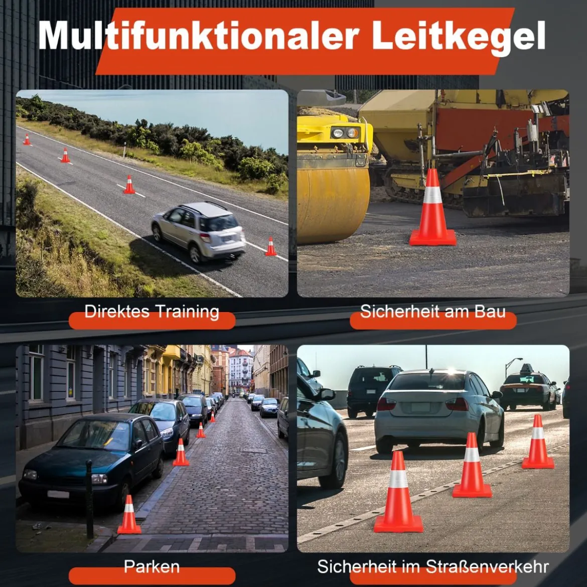12er Pack Leitkegel Sicherheitskegel mit reflektierenden Kragen Orangefarbene Verkehrshütchen aus PVC