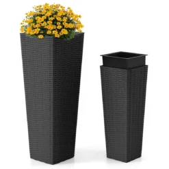 2er Pflanzkübel mit Innentopf 82 cm / 60 cm hoch Rattan Pflanzgefäße stapelbar Blumentöpfe mit Entwässerungslöchern Schwarz
