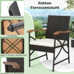 2er Rattan Stühle Set Terrassen-Korbstühle aus PE-Rattan mit Rückenlehne & Armlehne aus Holz