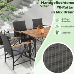 2er Rattan Stühle Set Terrassen-Korbstühle aus PE-Rattan mit Rückenlehne & Armlehne aus Holz