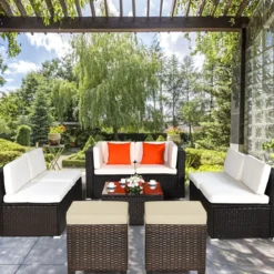 2er Ratten Sitzhocker Garten Hocker Rattan-Ottomanen mit Sitzkissen 40 x 40 x 45 cm Braun + Beige