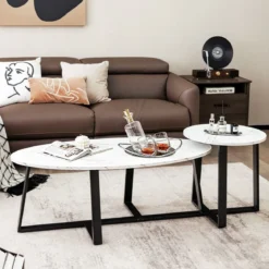 2er Satztisch Set - Couchtisch & Runder Beistelltisch Marmor Optik mit Metallrahmen