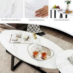 2er Satztisch Set - Couchtisch & Runder Beistelltisch Marmor Optik mit Metallrahmen