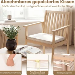 2er Set Akazienholz Gartenstühle mit Kissen & Armlehnen & 180 kg Tragfähigkeit Graulich-weiß