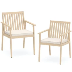 2er Set Akazienholz Gartenstühle mit Kissen & Armlehnen & 180 kg Tragfähigkeit Graulich-weiß
