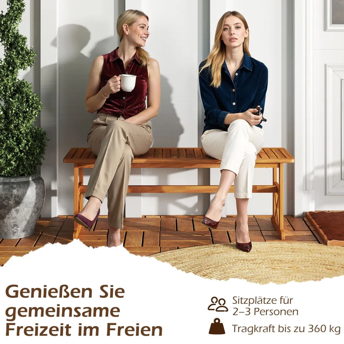 2er Set Außenbank aus Akazienholz 2-3 Personen Rückenfreie Gartenbank mit Lattenrost-Sitz Natur